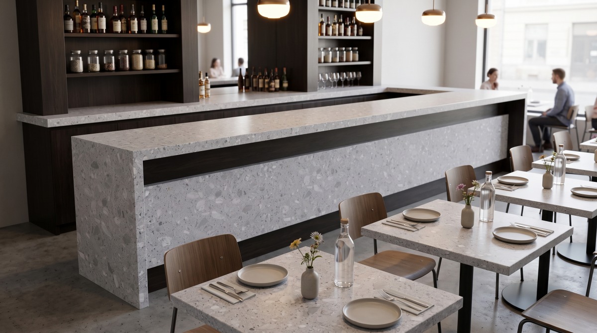 terrazzo-misty-grey-marble-restaurant-counter-tabletop Misty Grey Marble Terrazzo counter and tabletop application for a restaurant interior