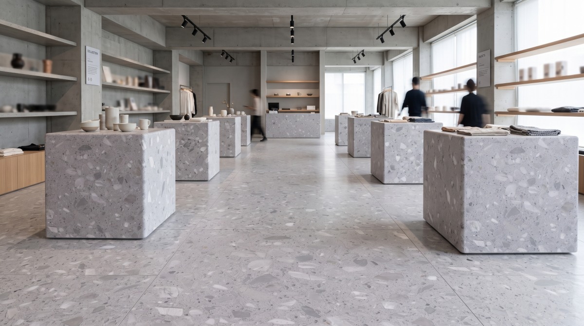 terrazzo-misty-grey-marble-retail-display-plinth Misty Grey Marble Terrazzo display plinth and feature floor application for a retail store