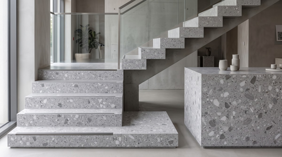 terrazzo-misty-grey-marble-stair-tread-application Misty Grey Marble Terrazzo stair tread application with visible edge detail