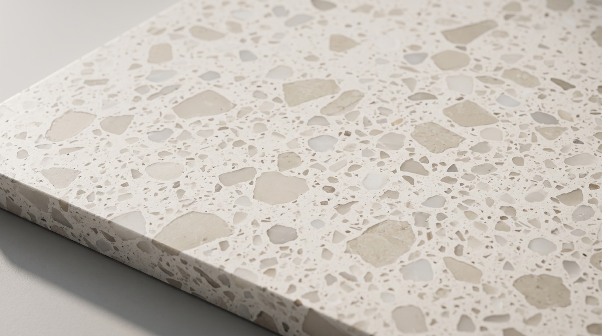 magnolia-white-terrazzo-surface-finish-angle Magnolia White terrazzo surface finish under natural angled light