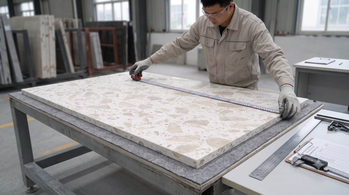 magnolia-white-terrazzo-thickness-size-check Thickness and size inspection of Magnolia White terrazzo before project processing