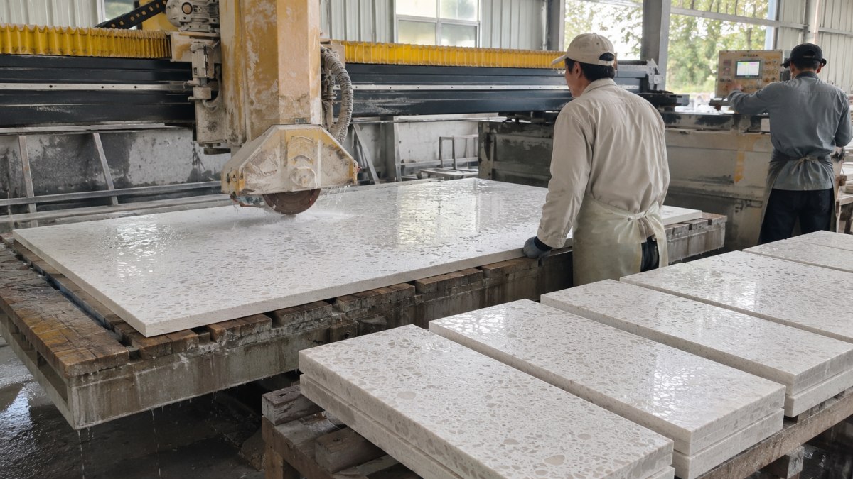 magnolia-white-terrazzo-cut-to-size-processing Cut-to-size processing of Magnolia White terrazzo project pieces in a stone factory