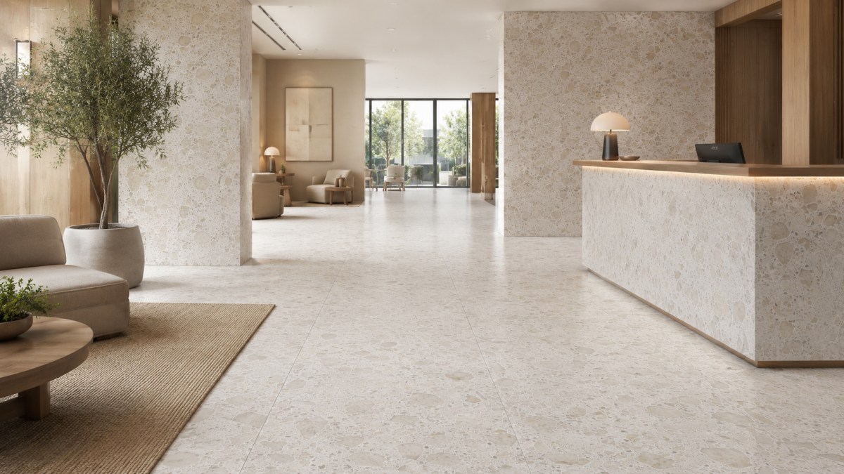 magnolia-white-terrazzo-hotel-lobby-floor-wall-application Magnolia White terrazzo flooring and selected wall panels in a hotel lobby application concept