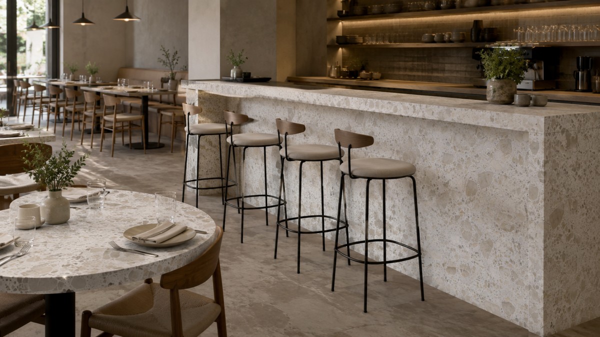 magnolia-white-terrazzo-restaurant-counter-tabletop Magnolia White terrazzo bar counter and tabletops in a restaurant application concept