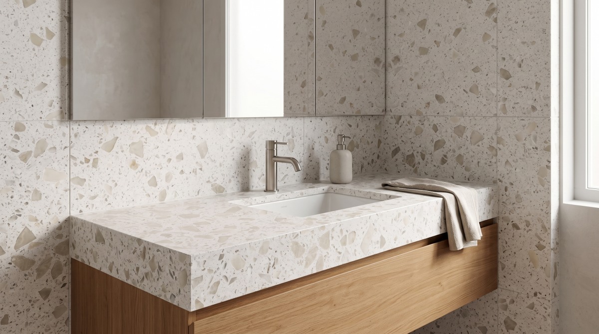 magnolia-white-terrazzo-bathroom-vanity-wall Magnolia White terrazzo vanity top and wall cladding in a bathroom application concept