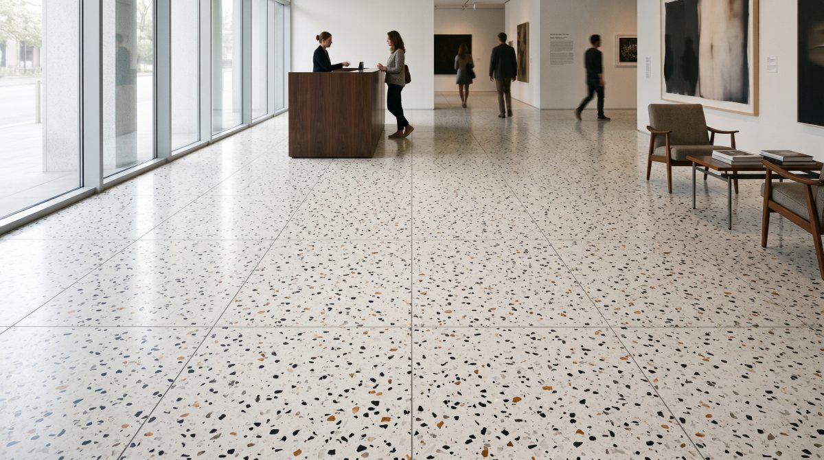 terrazzo-hibiscus-white-hero-project-view Hibiscus White Terrazzo used in a realistic commercial floor project with black and amber chips