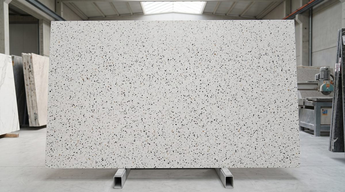 terrazzo-hibiscus-white-full-slab-or-tile-layout Full tile layout of Hibiscus White Terrazzo showing white base and mixed aggregate distribution