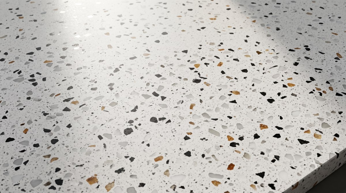 terrazzo-hibiscus-white-surface-finish-angle Hibiscus White Terrazzo surface finish under angled natural light