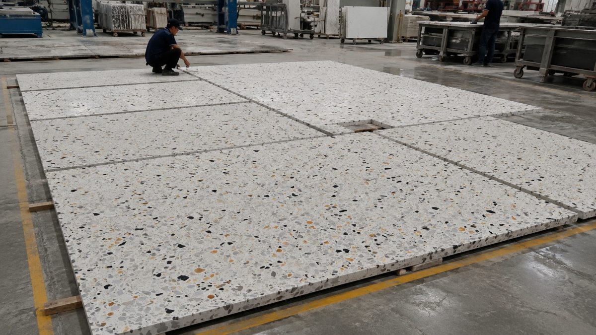 terrazzo-hibiscus-white-dry-lay-inspection Dry lay inspection for Hibiscus White Terrazzo cut-to-size project order