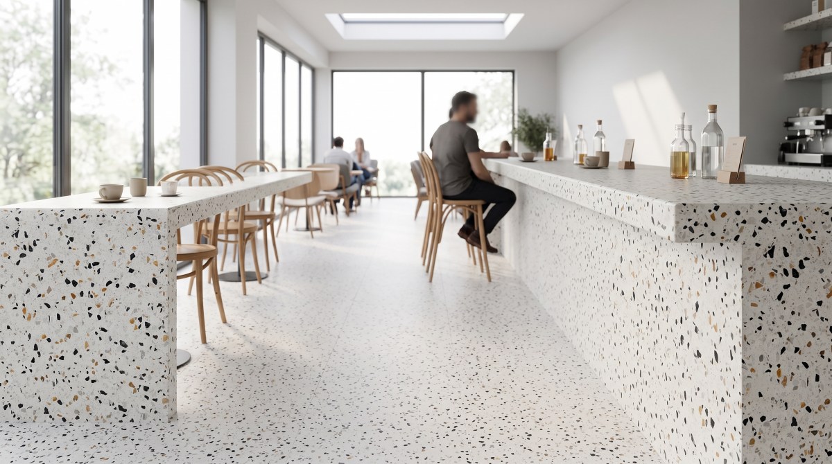 terrazzo-hibiscus-white-restaurant-floor-counter Hibiscus White Terrazzo floor and counter application for a restaurant interior
