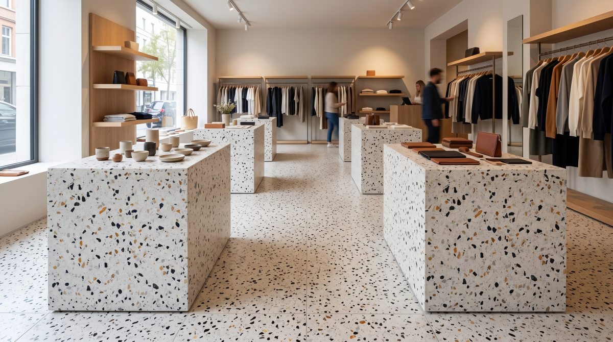 terrazzo-hibiscus-white-retail-display-plinth Hibiscus White Terrazzo display plinth and feature floor application for a retail store