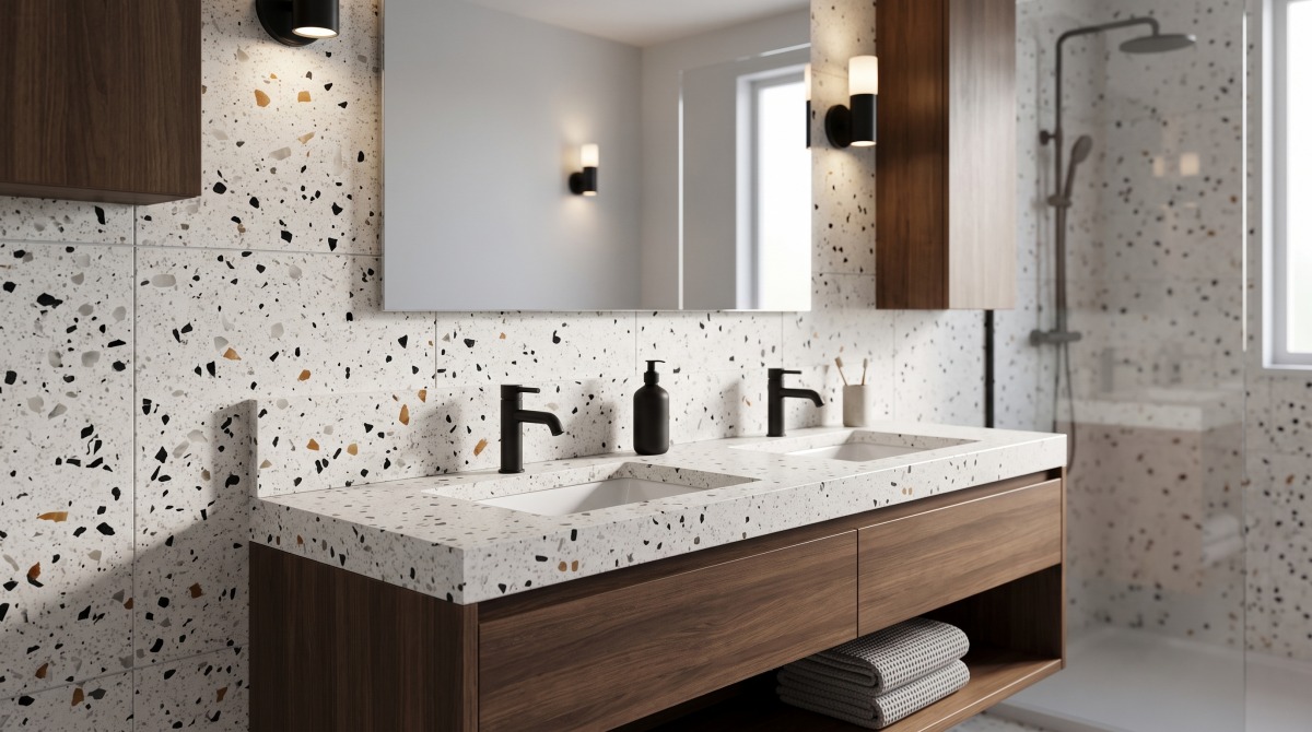 terrazzo-hibiscus-white-bathroom-vanity-wall Hibiscus White Terrazzo vanity top and wall cladding application for a bathroom