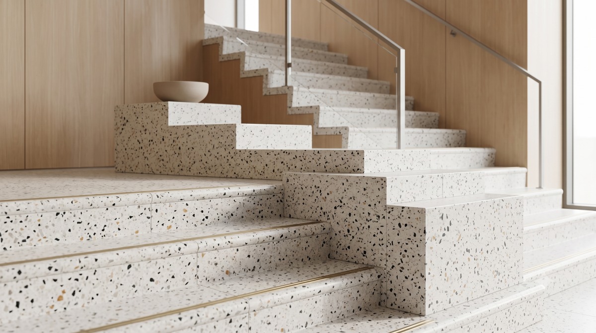 terrazzo-hibiscus-white-stair-tread-application Hibiscus White Terrazzo stair tread and step application with visible edge detail