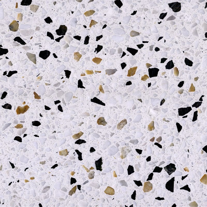 Hibiscus White Terrazzo showing white base and mixed aggregate distribution
