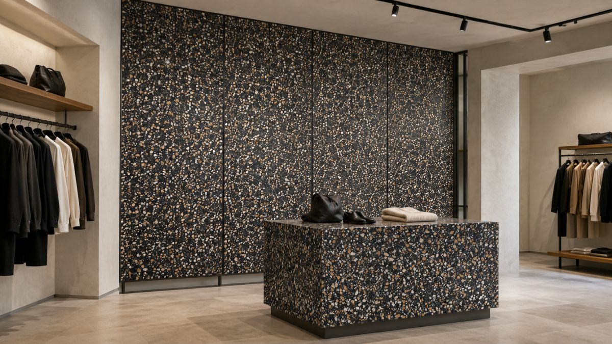 amber-night-black-terrazzo-retail-interior-hero •Amber Night black terrazzo used in a dark retail interior with white and amber aggregate detail