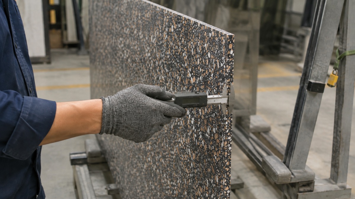 amber-night-black-terrazzo-finish-angled-light •Amber Night terrazzo finish photographed under controlled angled light •Status: Planned real evidence