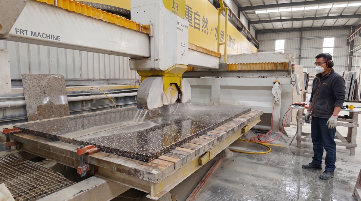 amber-night-black-terrazzo-cut-to-size-processing • Amber Night terrazzo slab undergoing real cut-to-size processing in the factory Status: Planned real evidence after capability confirmation
