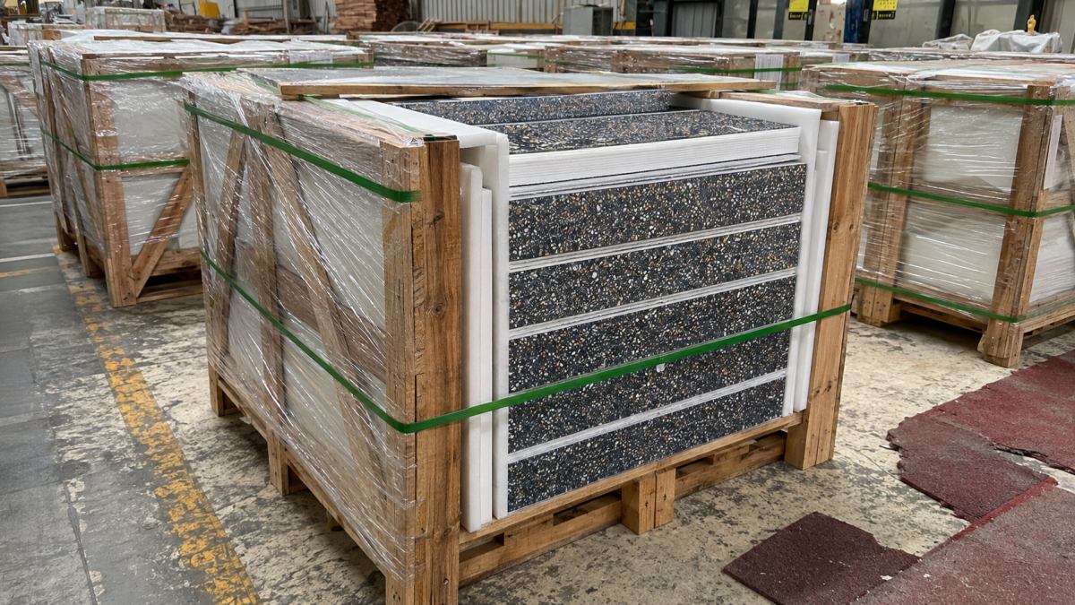 amber-night-black-terrazzo-export-packing •Amber Night terrazzo slabs or cut pieces packed with separation and edge protection for export