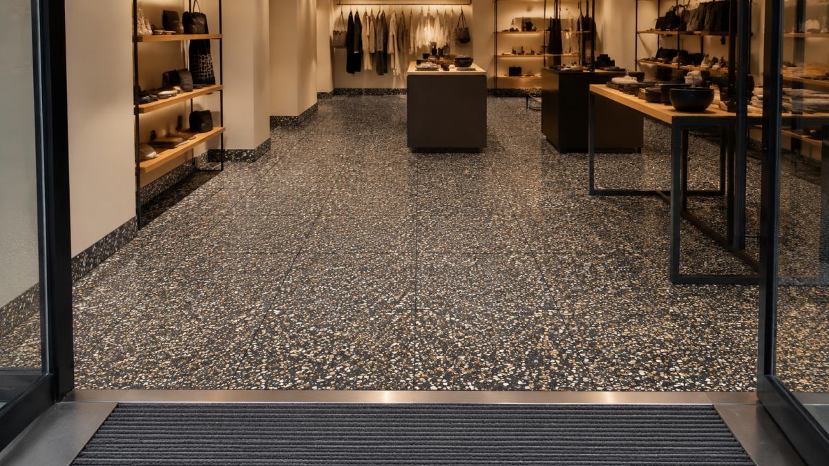 amber-night-black-terrazzo-retail-floor-concept •Concept view of Amber Night black terrazzo flooring in a luxury retail interior