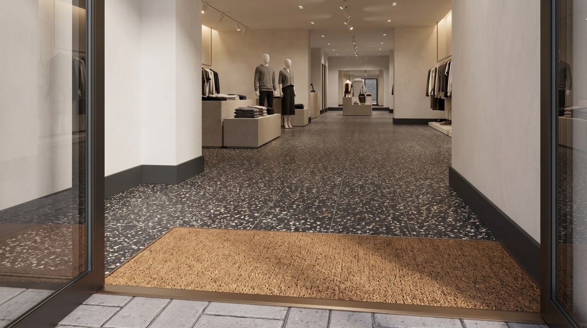 amber-night-black-terrazzo-feature-wall-display-plinth Concept retail feature wall and supported display plinth in Amber Night black terrazzo