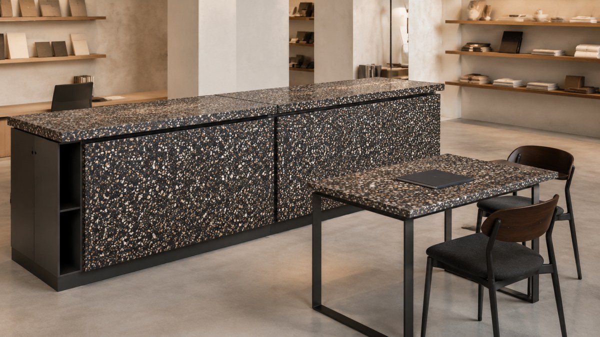 amber-night-black-terrazzo-counter-tabletop •Concept counter cladding and supported tabletop using Amber Night black terrazzo