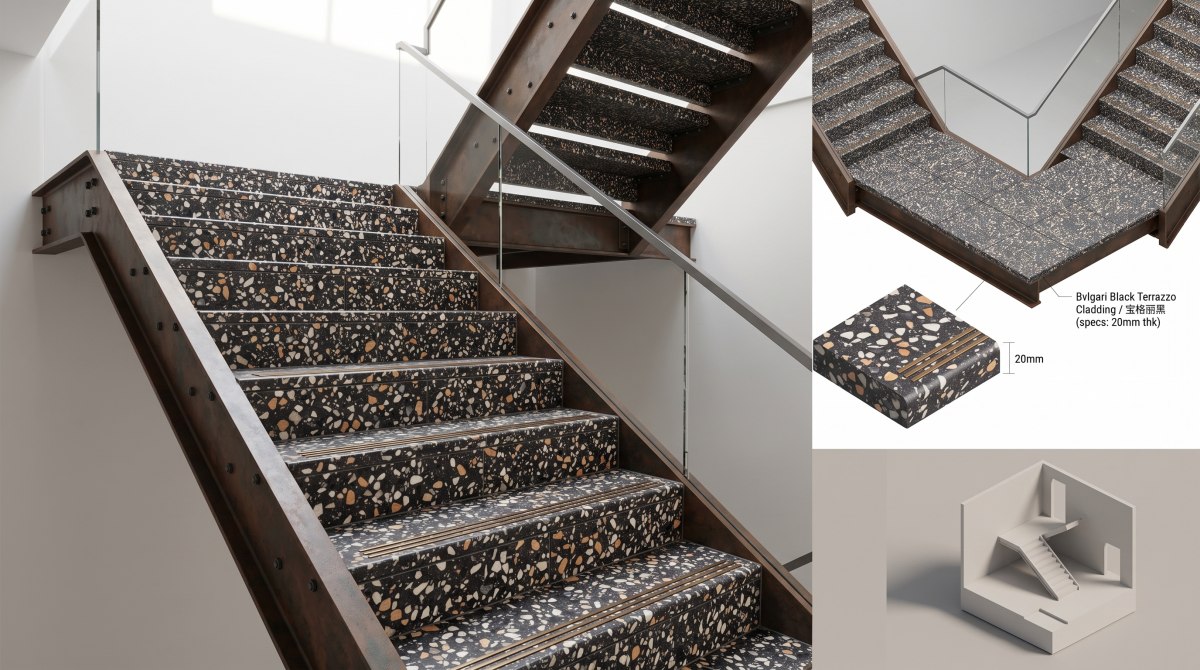 amber-night-black-terrazzo-stair-treads •Amber Night terrazzo stair treads risers and landing with visible joints and nosing detail