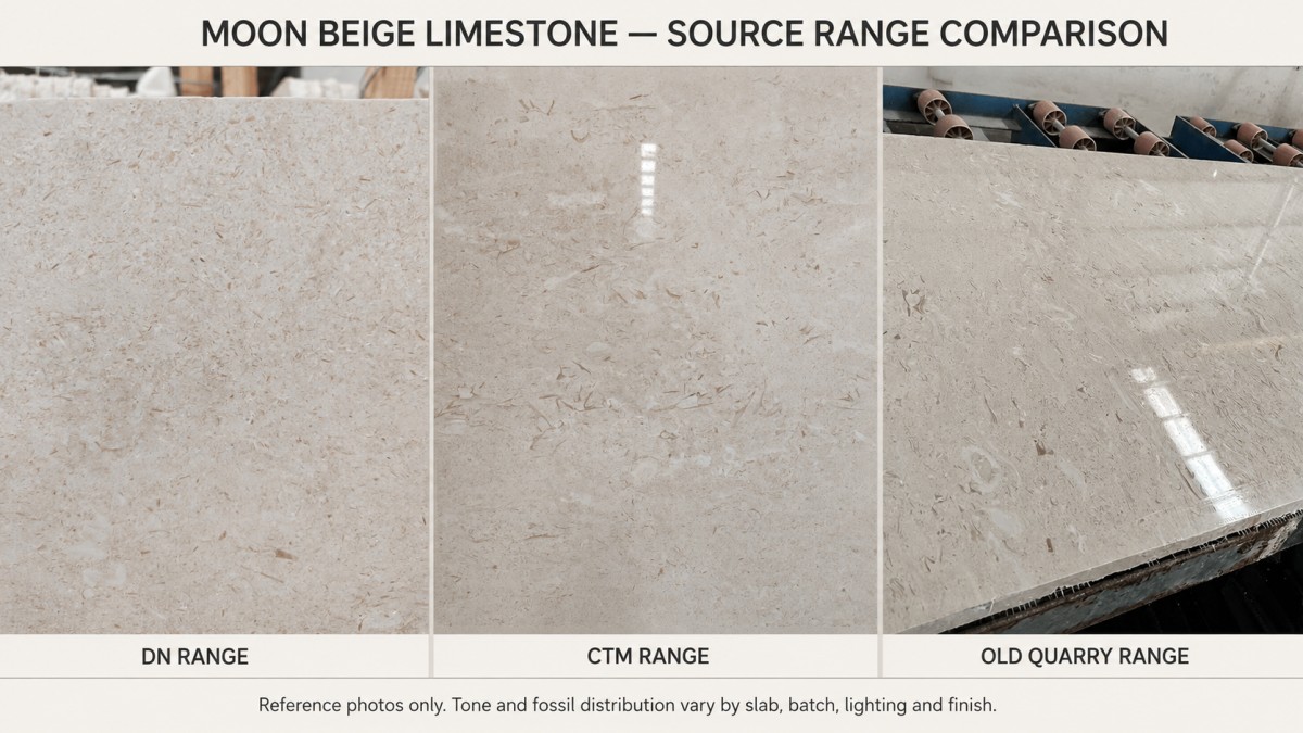 moon-beige-limestone-source-range-comparison Three Moon Beige limestone source ranges compared by beige tone and fossil distribution