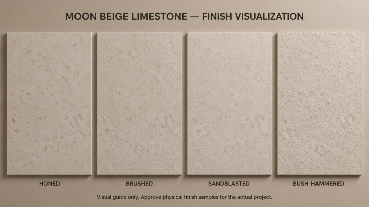 moon-beige-limestone-finish-samples Honed and textured Moon Beige limestone finish samples under controlled light