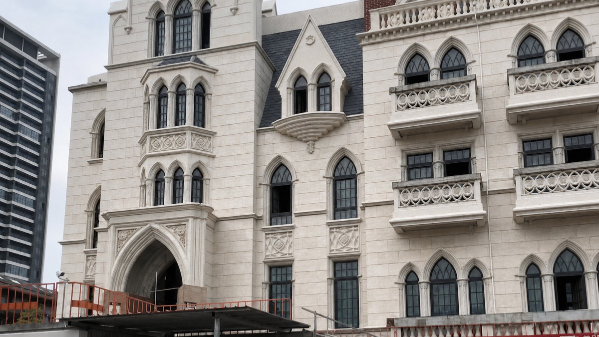 moonlight-beige-limestone-layered-architecture Moonlight Beige Limestone facade with flat panels, window surrounds and layered architectural details