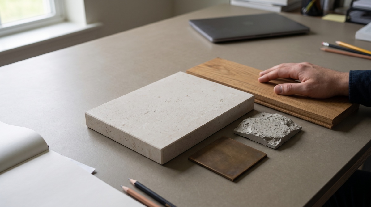 moonlight-beige-limestone-material-palette Moonlight Beige Limestone sample reviewed beside warm timber, bronze-toned metal and neutral plaster