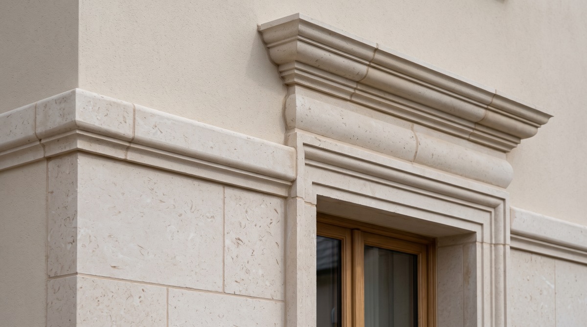 moonlight-beige-limestone-entrance-detail Entrance detail with Moonlight Beige Limestone panels and shaped surrounds at human scale