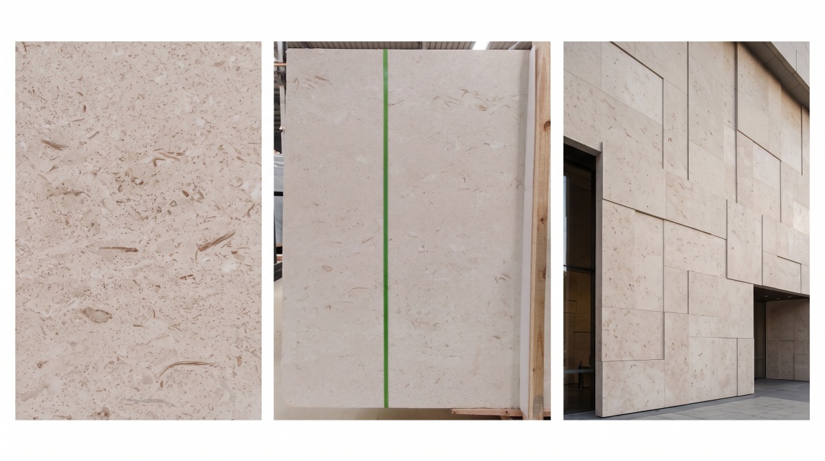 fossil-limestone-three-viewing-distances Moonlight Beige Limestone shown as close surface, full panel and architectural application views
