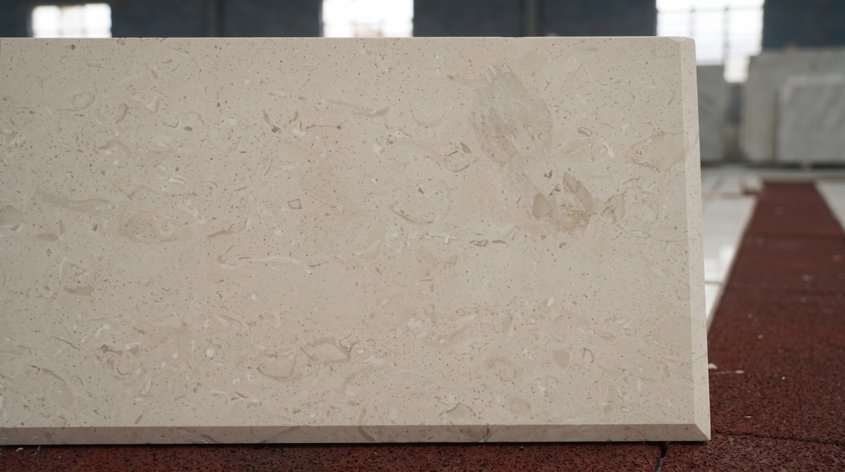 moonlight-beige-limestone-20cm-close-view Moonlight Beige Limestone surface at close range showing fossils, pores and finish marks