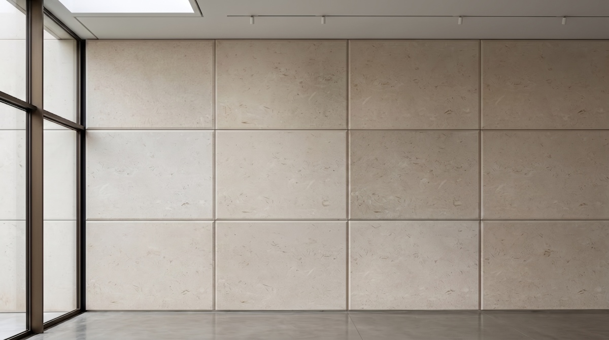 moonlight-beige-limestone-five-metre-facade-view Moonlight Beige Limestone facade viewed from architectural distance with panel rhythm and shadows visible