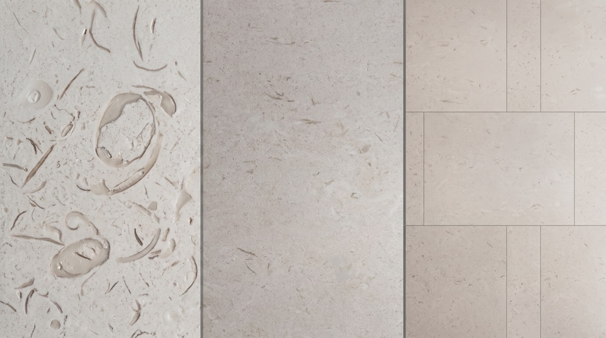 limestone-texture-scale-comparison Same Moonlight Beige Limestone evidence compared as macro, panel and installed views