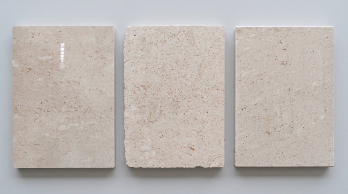 moonlight-beige-limestone-source-range-comparison DN, CTM and Old Quarry Moonlight Beige Limestone sample directions compared under the same light