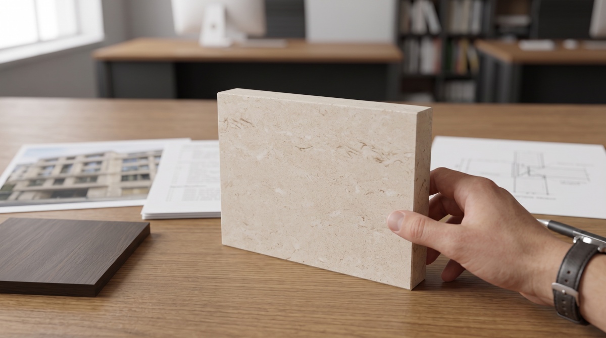 limestone-application-first-selection-review Limestone sample reviewed with an application image, finish direction and component sketch