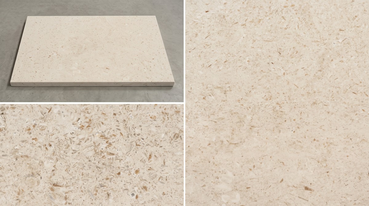 Representative DN direction of Moonlight Beige Limestone shown as a full sample and close detail moonlight-beige-limestone-dn-selection-direction