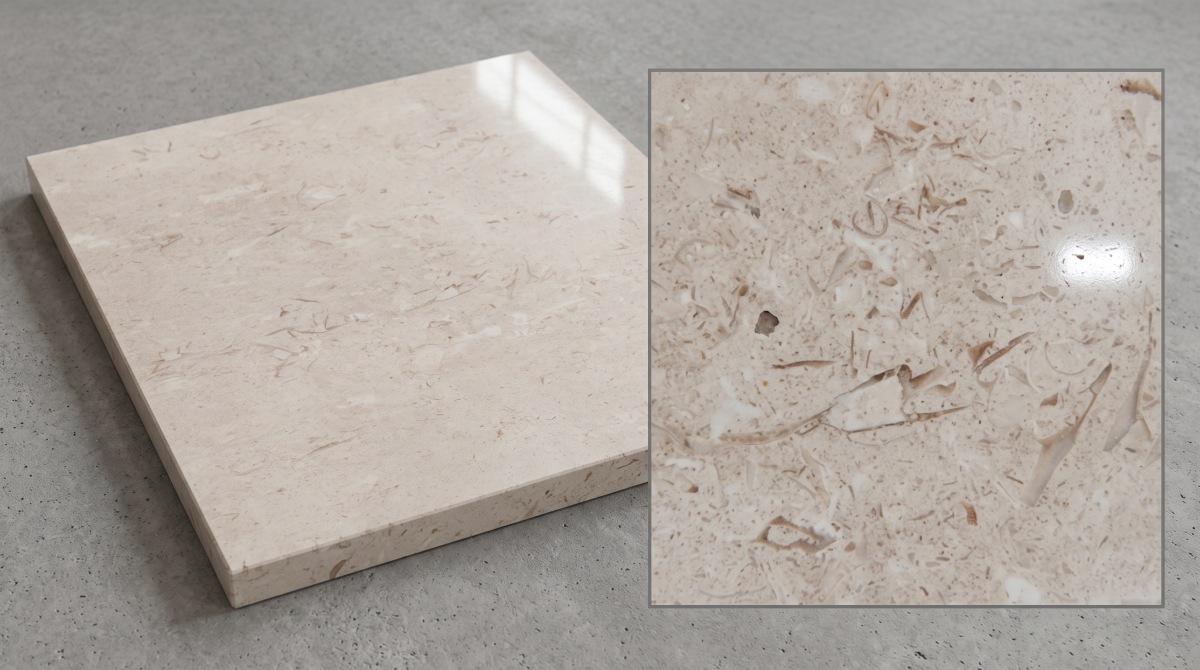 moonlight-beige-limestone-ctm-selection-direction Representative CTM direction of Moonlight Beige Limestone shown as a full sample and close detail