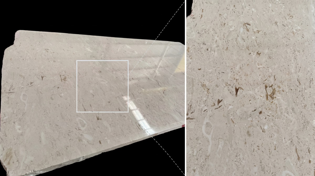 moonlight-beige-limestone-old-quarry-direction Representative Old Quarry direction of Moonlight Beige Limestone shown as a full sample and close detail
