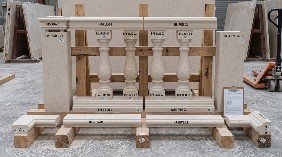 moonlight-beige-limestone-balustrade-component-system Moonlight Beige Limestone handrail, balusters, base and end pieces arranged as a component system