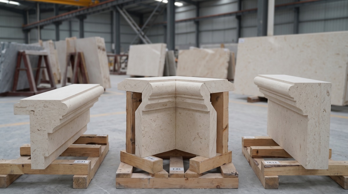 limestone-balustrade-end-corner-return-pieces Limestone balustrade end, corner and return components separated for review