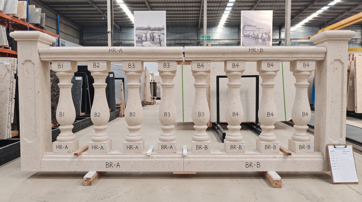 moonlight-beige-limestone-balustrade-dry-lay Moonlight Beige Limestone balustrade components dry laid to review joints and profile continuity