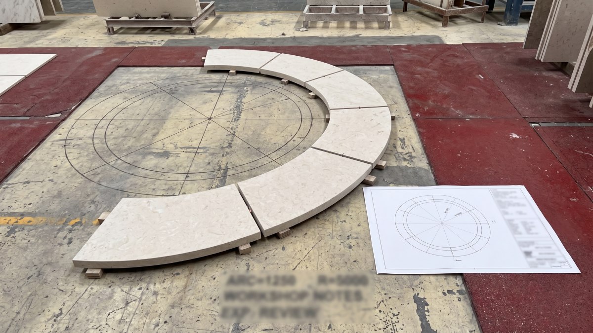 limestone-radius-segmentation-review Curved Moonlight Beige Limestone segments reviewed against a blurred radius drawing