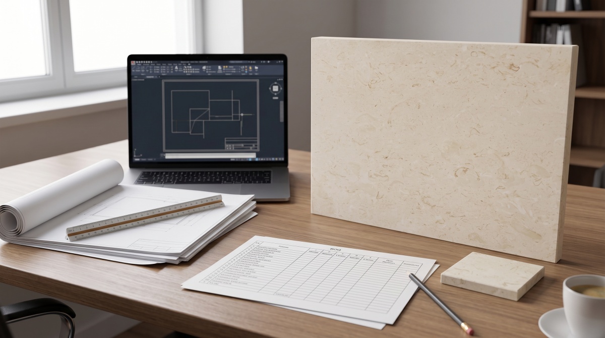 limestone-fabrication-review-file-package PDF drawings, CAD file, BOQ, material reference and finish sample prepared for limestone review