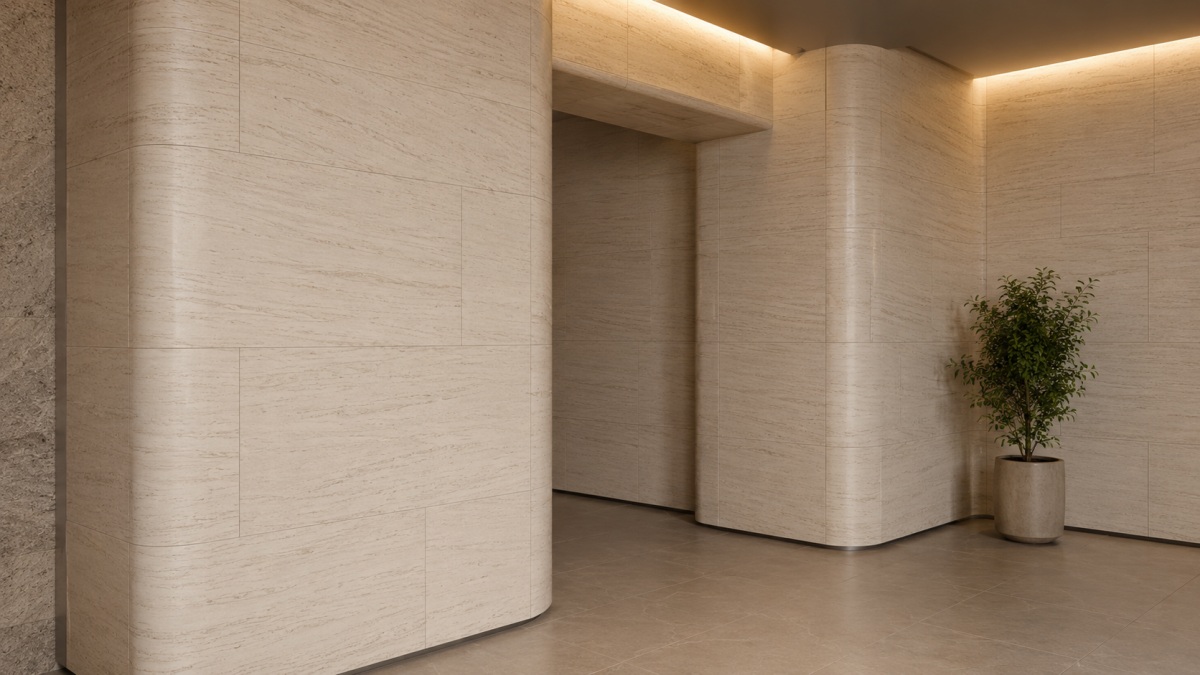 french-wood-grain-limestone-curved-wall-hero French Wood Grain Limestone panels forming a segmented curved interior wall with visible joints