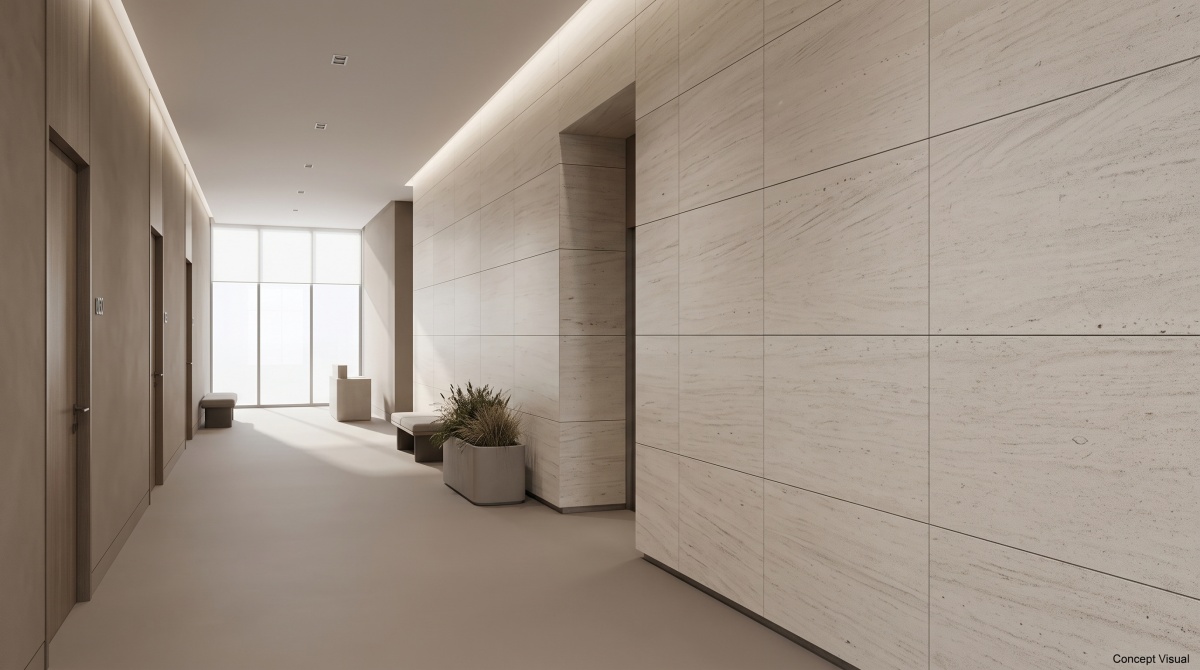 ivory-wood-grain-limestone-straight-wall Light ivory wood grain limestone panels installed on a straight hospitality wall