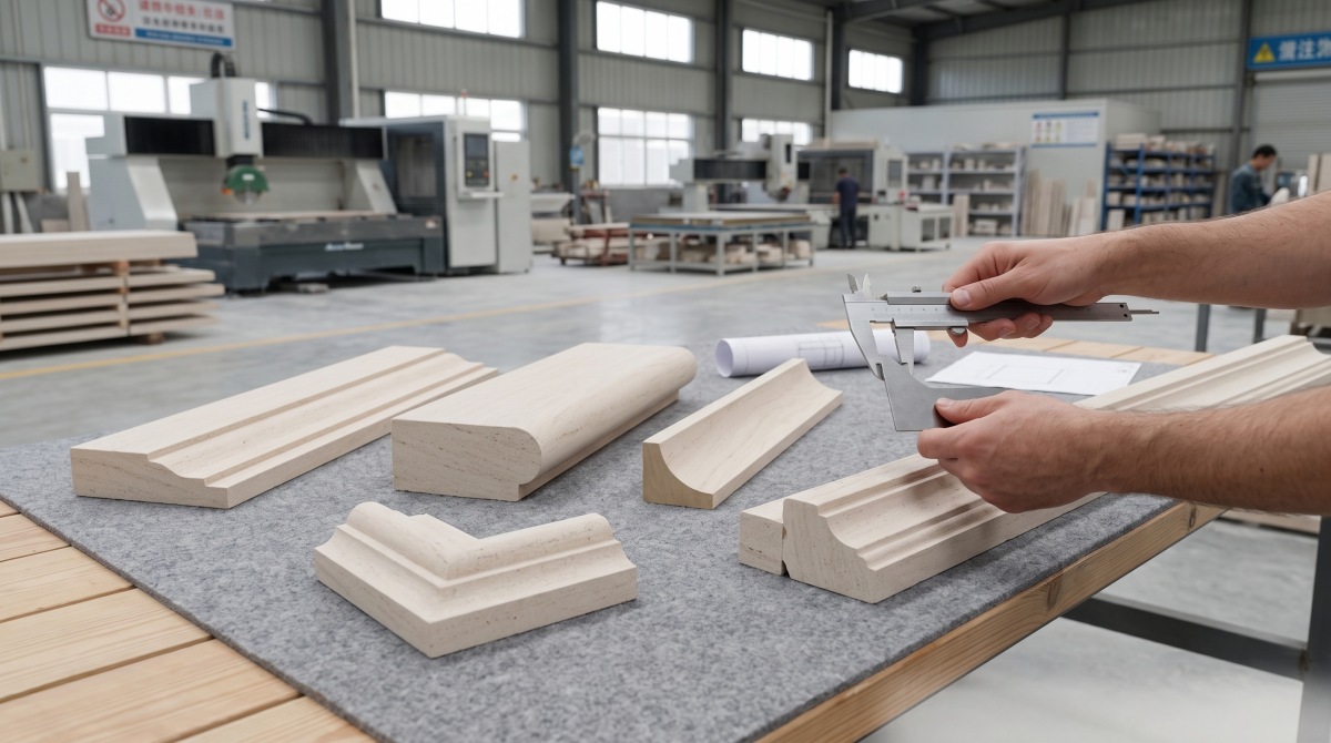 french-wood-grain-limestone-molding-component-set French Wood Grain Limestone molding components arranged for profile and joint inspection