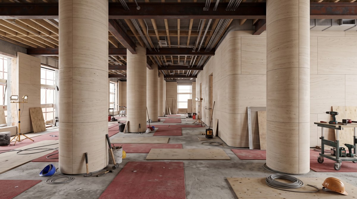 french-wood-grain-limestone-rounded-column-cladding Rounded column and wall-return cladding formed from shaped wood grain limestone pieces