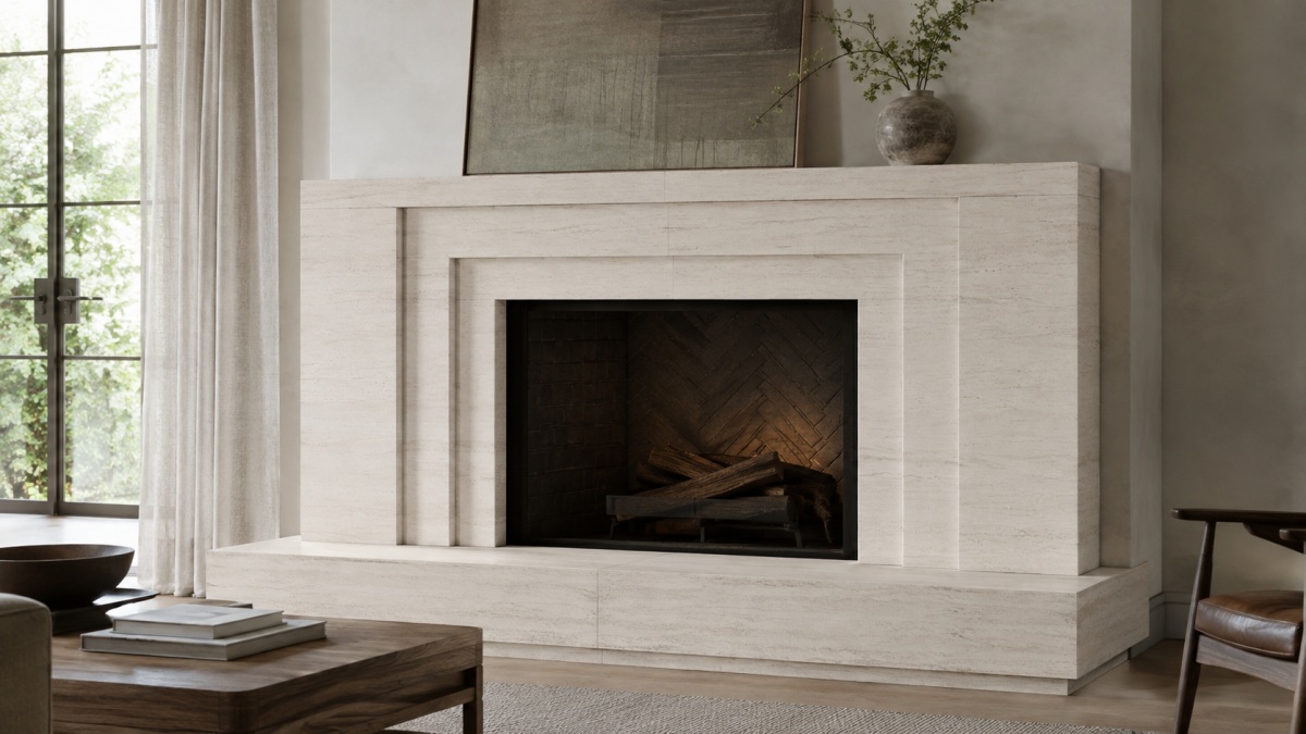 french-wood-grain-limestone-fireplace-molding-concept French Wood Grain Limestone fireplace surround with stepped molding and visible joints